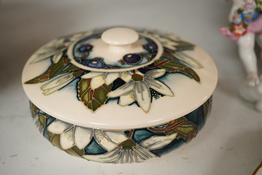 A Dresden style mirror, a Moorcroft pot, Doulton flambé vase and other ceramics, tallest 30cm